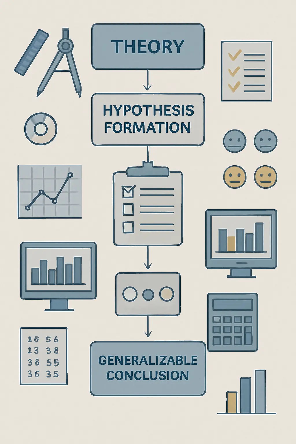 Diagrama editorial del proceso de investigación cuantitativa: flujo deductivo desde la teoría e hipótesis hacia la recolección de datos numéricos, análisis estadístico y generalización de resultados