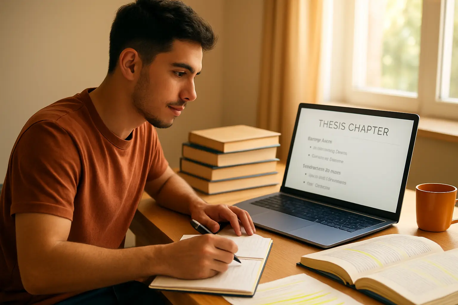 Estudiante mexicano organizando teorías y autores para el marco teórico de su tesis
