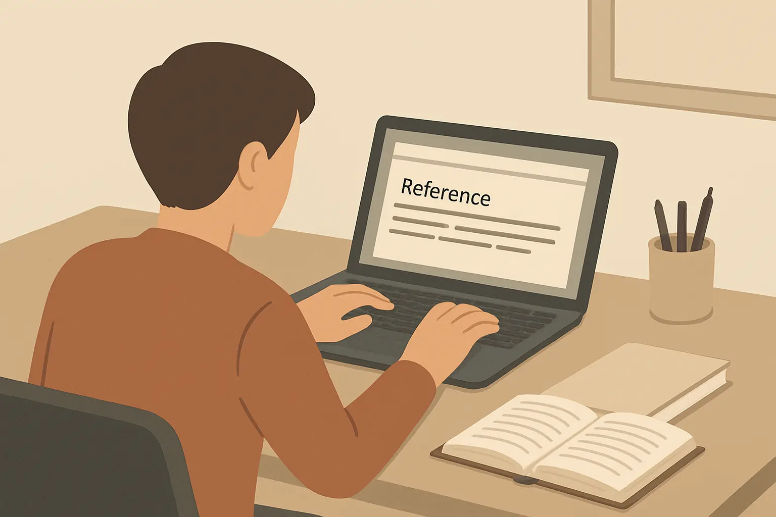 Estudiante creando la referencia de un libro en formato APA 7 junto a un libro abierto y una laptop
