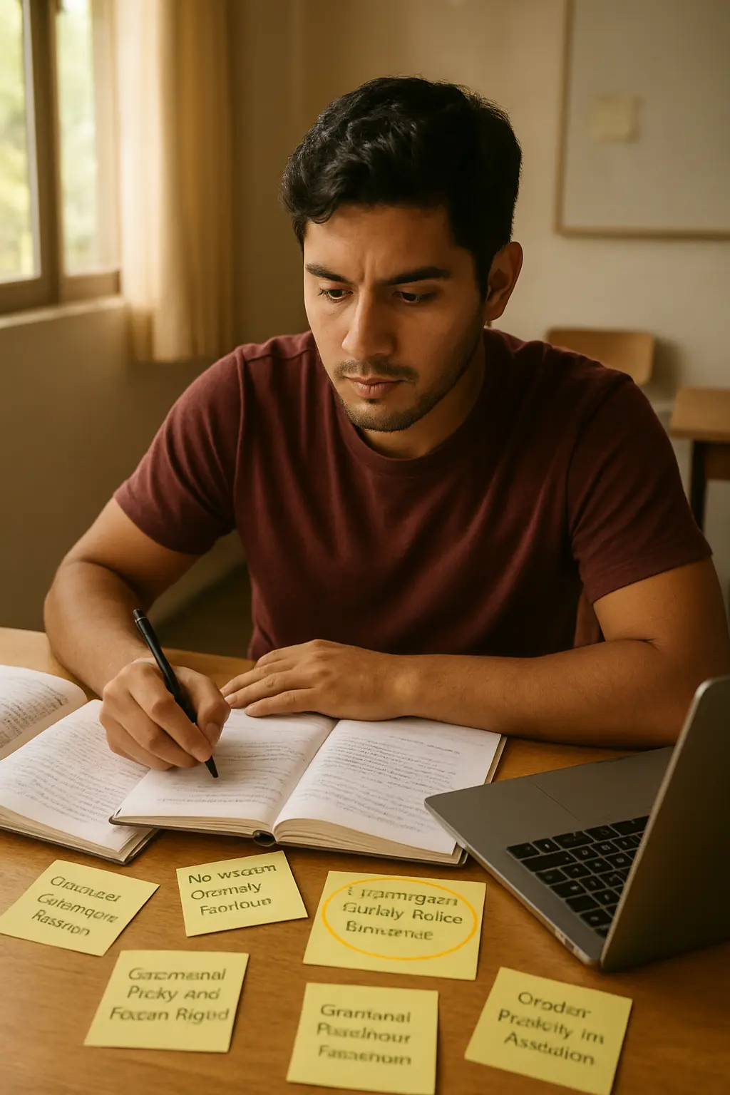 Estudiante mexicano ajustando el enfoque de su tema de tesis sin cambiarlo por completo